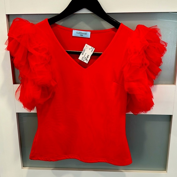 Adorable, New, Cherry-Red Top w Tulle trim Perfect for Gameday & fun events! - Picture 6 of 6